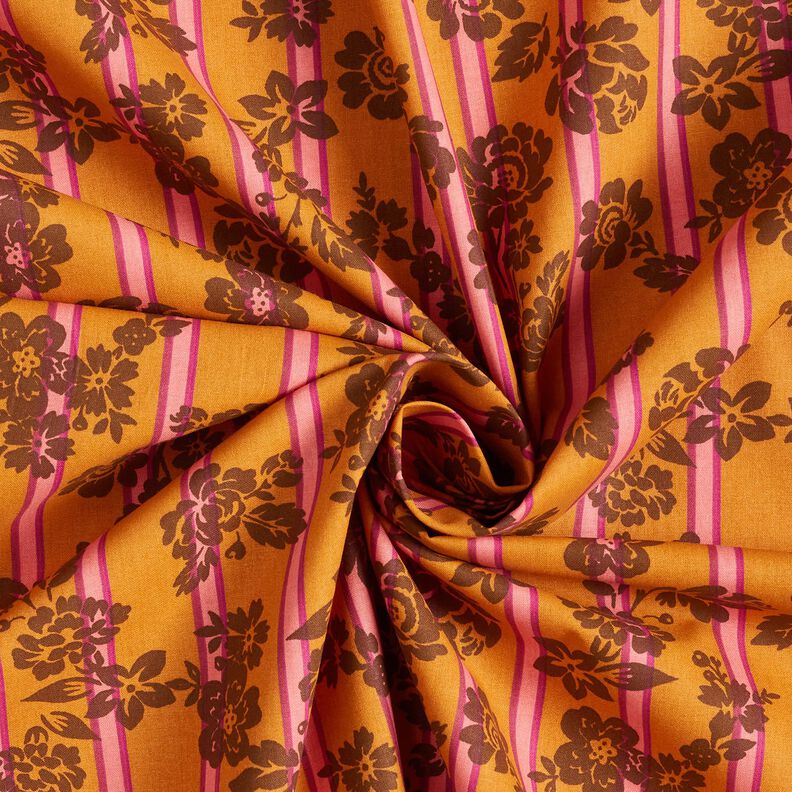 Bomuldsstof Cretonne blomster på striber – karrygul/purpur,  image number 3