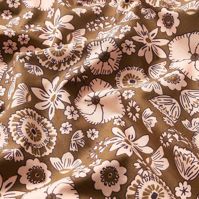 Bomuldsstof Cretonne retro-blomster – olivengrøn/rosé,  image number 2