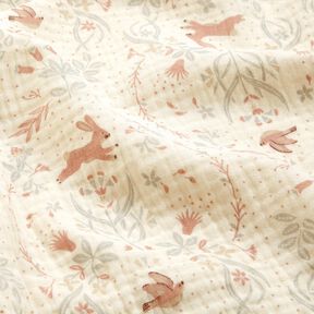 Musselin/Dobbelt-Crincle stof Fugl og hare i blomsterhaven – uldhvid, 
