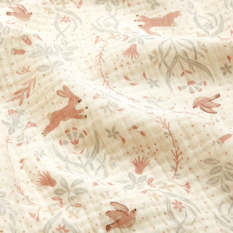 Musselin/Dobbelt-Crincle stof Fugl og hare i blomsterhaven – uldhvid,  image number 2