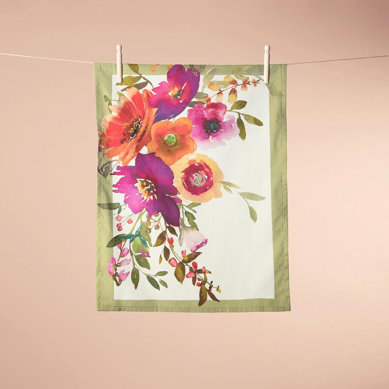 Dekorativt panelstof Trio akvarelblomster – elfenben/bær,  image number 7