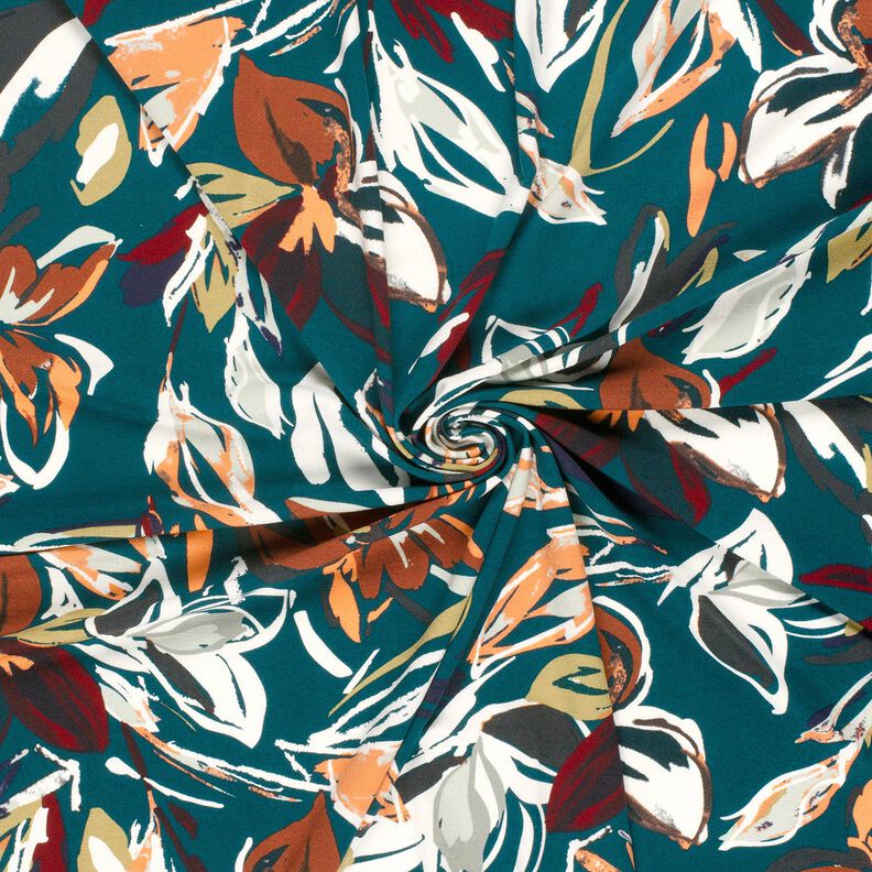 Viskosejersey moderne blomster – petrol/kobberfarvet,  image number 3