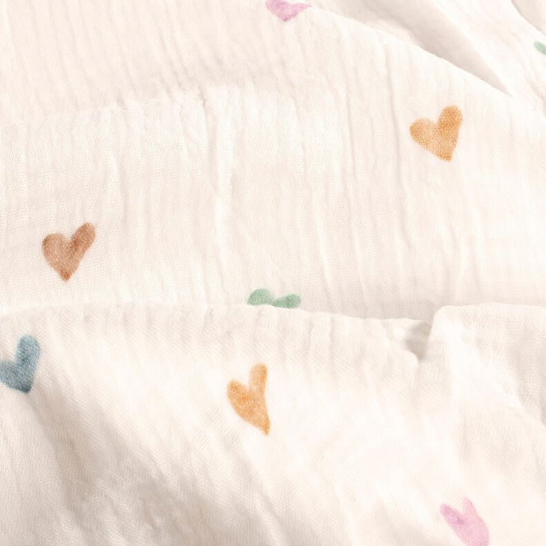 Musselin/Dobbelt-Crincle stof farverige hjerter Digitaltryk – hvid,  image number 2