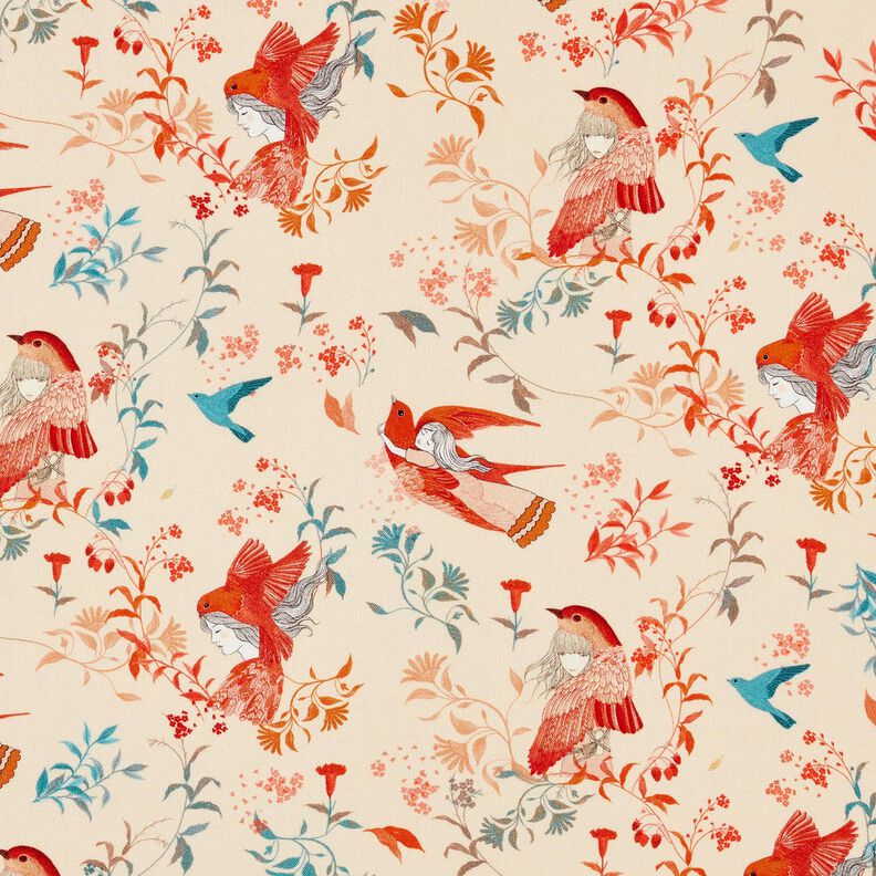 LENZING™ ECOVERO™ viskosestof med fugle og feer | Katia Fabrics – creme/ildrød,  image number 1
