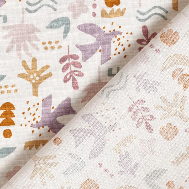 Bomuldsstof Cretonne abstrakte fugle – uldhvid/pastelviolet,  image number 4