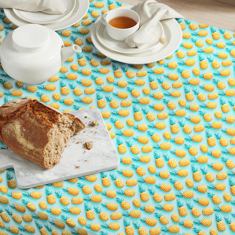Bomuldsstof Poplin ananas – aquablå/gul,  image number 7