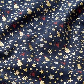 Bomuldsstof Poplin hjerter og stjerner – natblå/guld, 