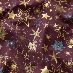 Bomuldsstof Poplin store stjerner – merlot/guld, 