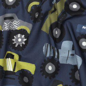 Bomuldspoplin monster lastbiler | Poppy Fabrics – marineblå, 