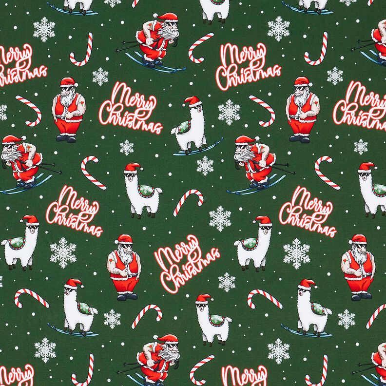 French Terry Sommersweat Julemanden og lama | Glitzerpüppi – mørkegrøn/chili,  image number 1