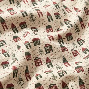 Dekorationsstof Halvpanama vinterlandsby – natur/mørk fyr, 