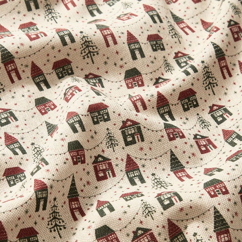 Dekorationsstof Halvpanama vinterlandsby – natur/mørk fyr,  image number 2