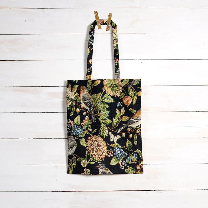 Dekorationsstof Gobelin blomster og fugle – sort/grøn,  image number 6