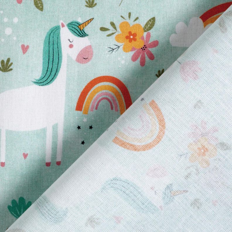 Bomuldspoplin enhjørning i regnbueverdenen Digitaltryk – isblå,  image number 4