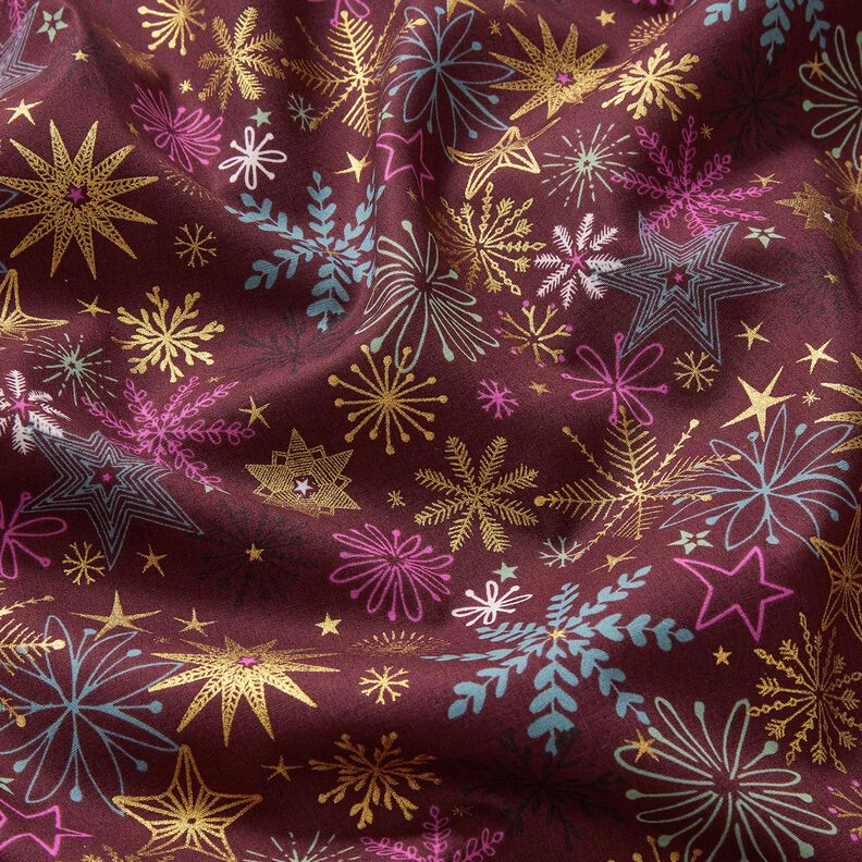 Bomuldsstof Poplin stjerneblanding – bordeaux/guld,  image number 2