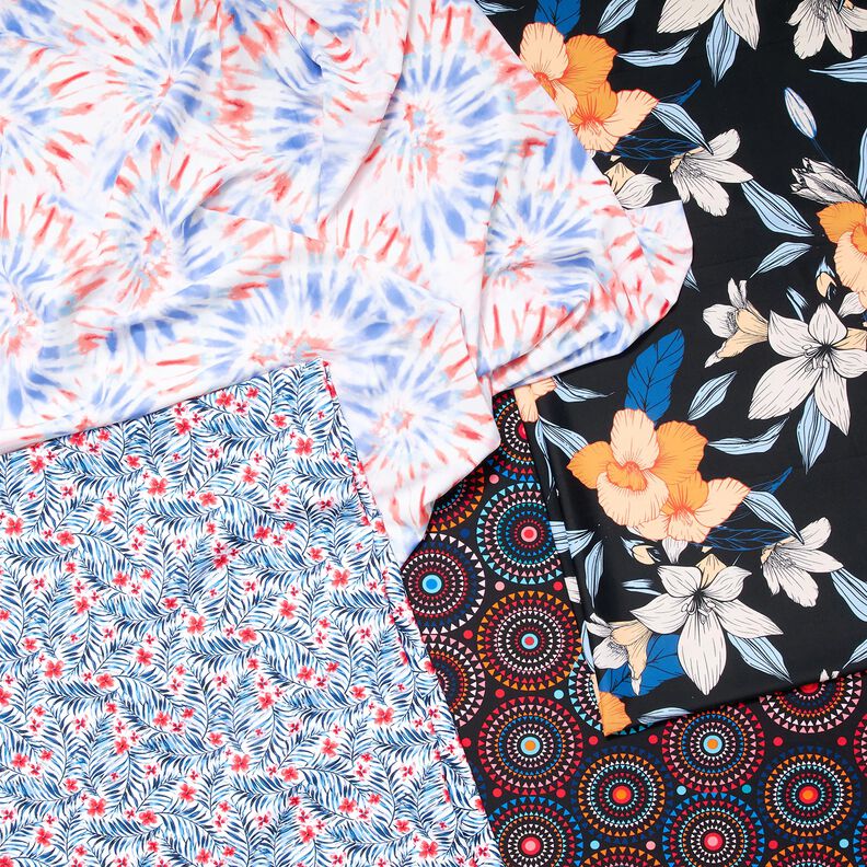 Badetøjsstof Blomster og palmevifter – hvid/indigo,  image number 5