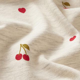 Bomuldsjersey kirsebær og hjerter – natur/lysegrå, 