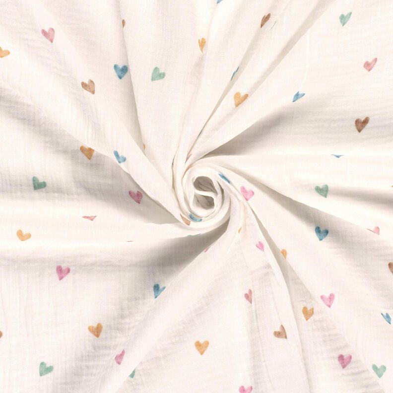 Musselin/Dobbelt-Crincle stof farverige hjerter Digitaltryk – hvid,  image number 3