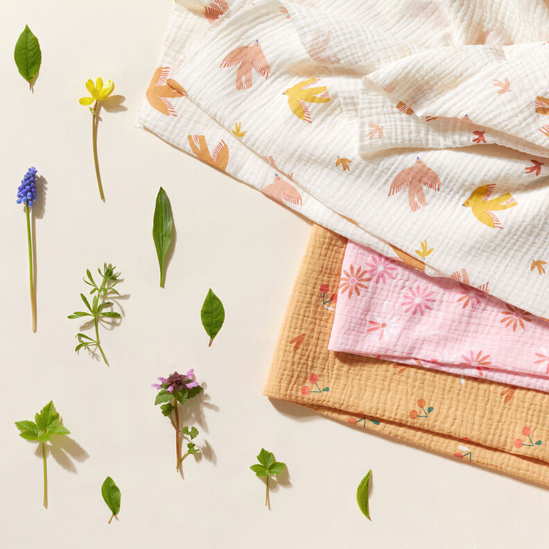 Musselin/Dobbelt-Crincle stof Kirsebær – gammelguld/karamel,  image number 5