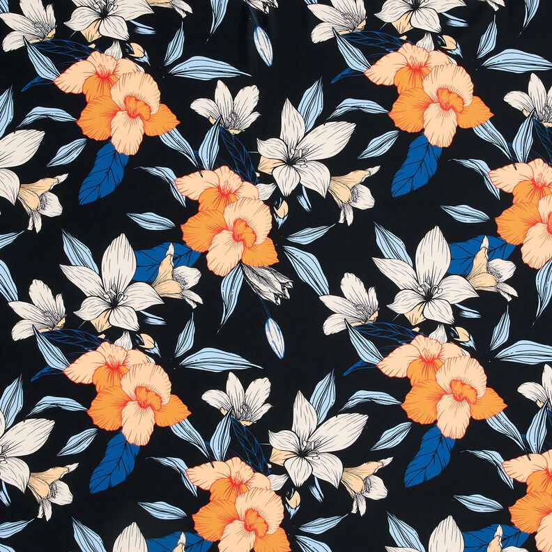 Badetøjsstof Store hibiscusblomster – sort-blå/apricot,  image number 1