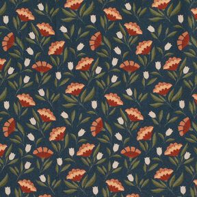 Bomuldsstof Poplin sarte blomster – sort-blå/terracotta, 