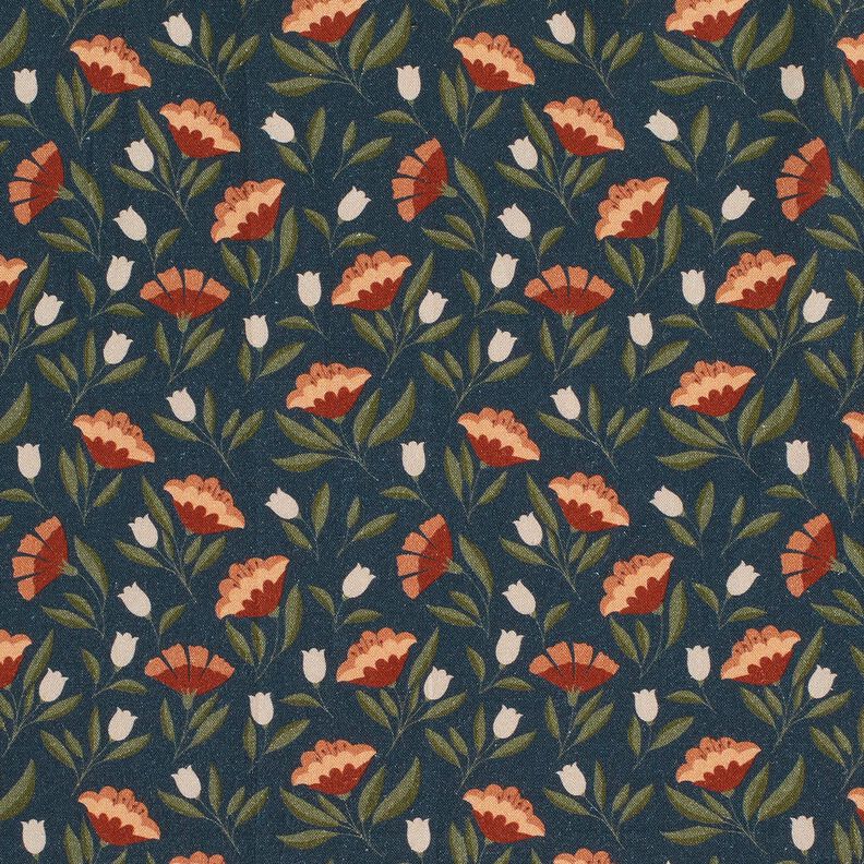 Bomuldsstof Poplin sarte blomster – sort-blå/terracotta,  image number 1
