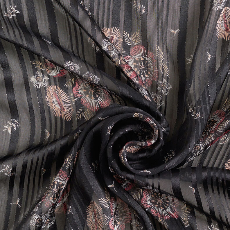 chiffon med satin- og metalliske striber og blomster – sort/hvid,  image number 4