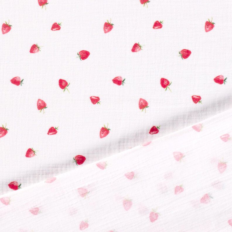 Musselin/Dobbelt-Crincle stof Akvarel jordbær Digitaltryk – hvid,  image number 4