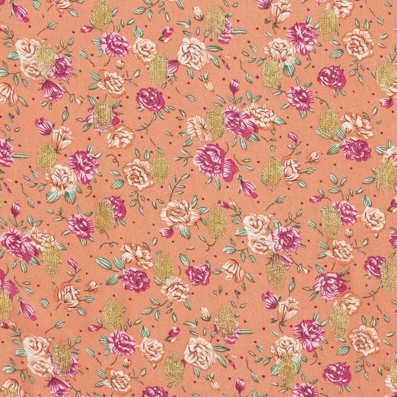 crêpe chiffon blomster og guldprikker – hummerfarvet,  image number 1