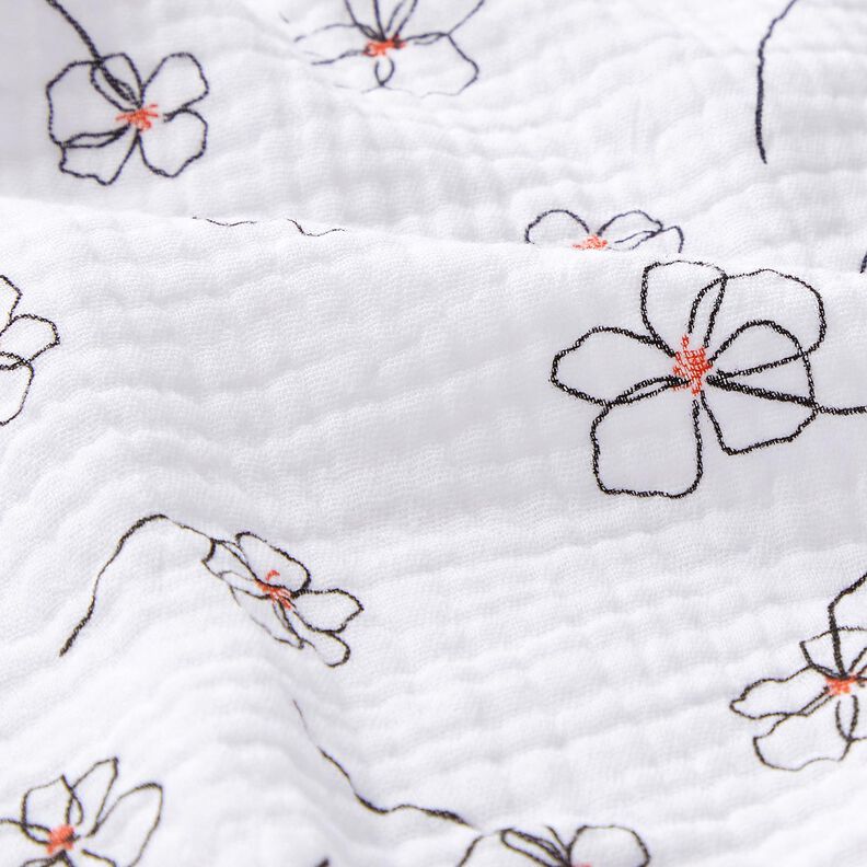 Musselin/Dobbelt-Crincle stof Malede valmuer – hvid/sort,  image number 2