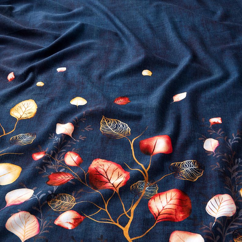 French Terry Bordure stof Efterårsblade | Glitzerpüppi – marineblå/ferskenorange,  image number 2