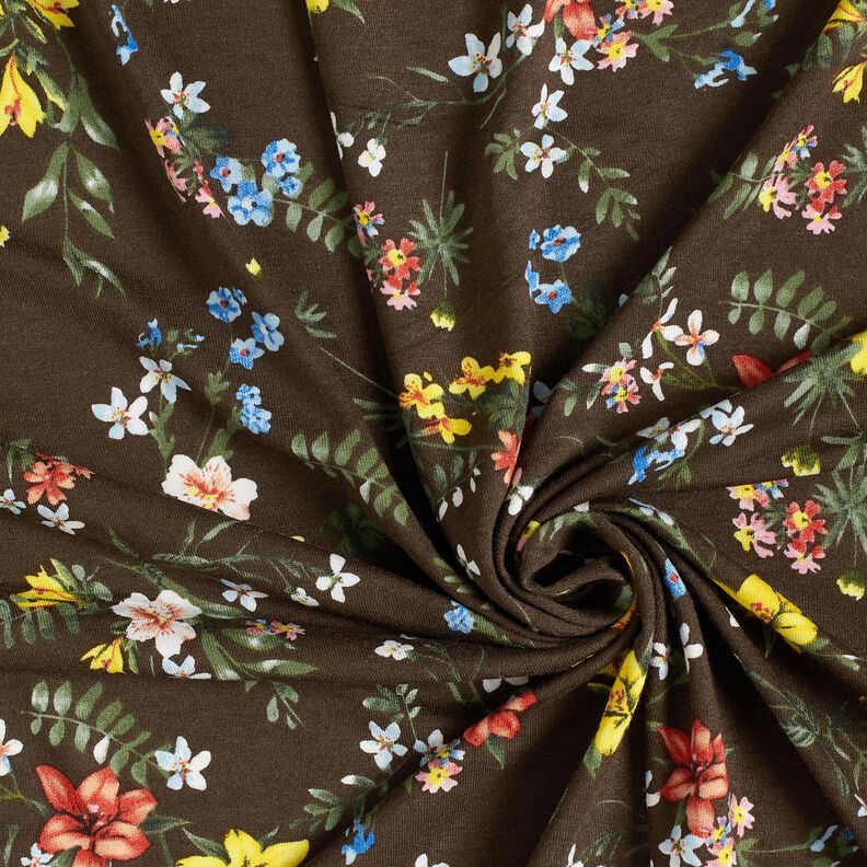 Viskosejersey små blomster – mørkebrun/ildrød | Reststykke 60cm,  image number 3