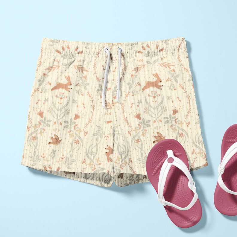 Musselin/Dobbelt-Crincle stof Fugl og hare i blomsterhaven – uldhvid,  image number 6