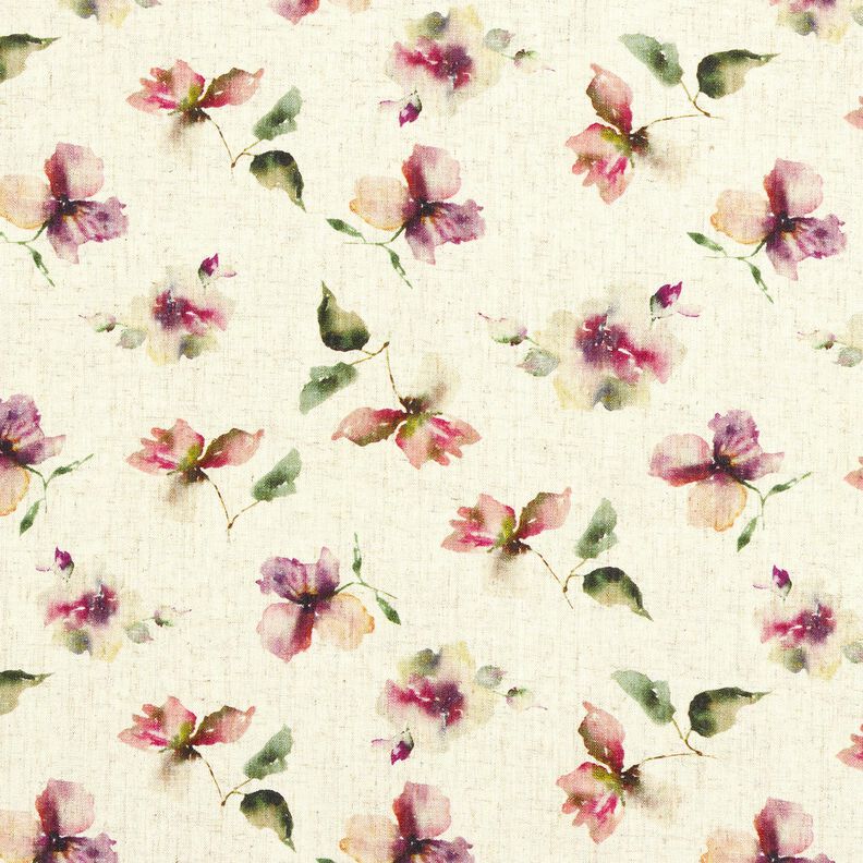 Viskose-hør-miks akvarelblomster – natur/drue,  image number 1