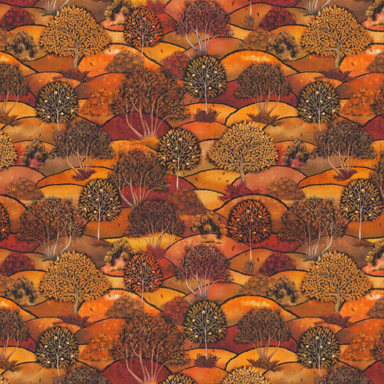 Dekorationsstof Halvpanama digitaltryk landskab efterår – bronzefarvet/orange,  image number 1