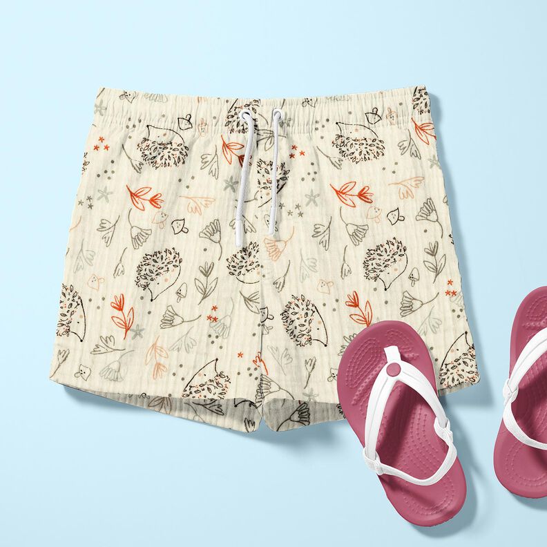 Musselin/Dobbelt-Crincle stof Pindsvin og skovplanter &ndash; uldhvid,  image number 6