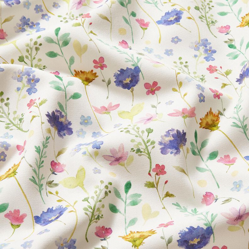 Dekorationsstof Bomuldskiper engblomster – elfenben/blålilla,  image number 2