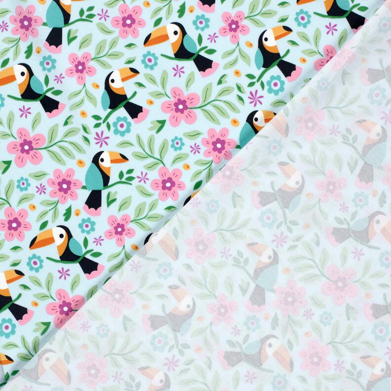 Bomuldsjersey tukaner i blomsterjunglen – babyblue/orange,  image number 4