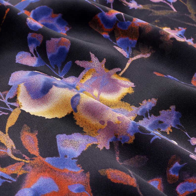 Viskosestof cupro akvarelblomster – sort/blålilla,  image number 2