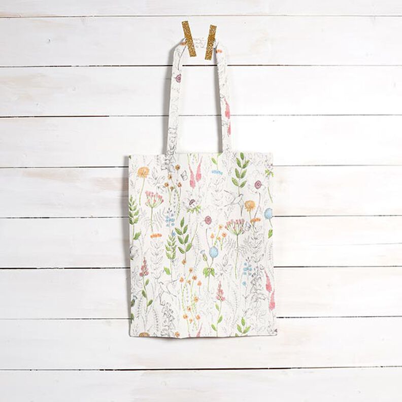 Dekorationsstof Halvpanama tegnede vilde blomster – hvid/rosa,  image number 8