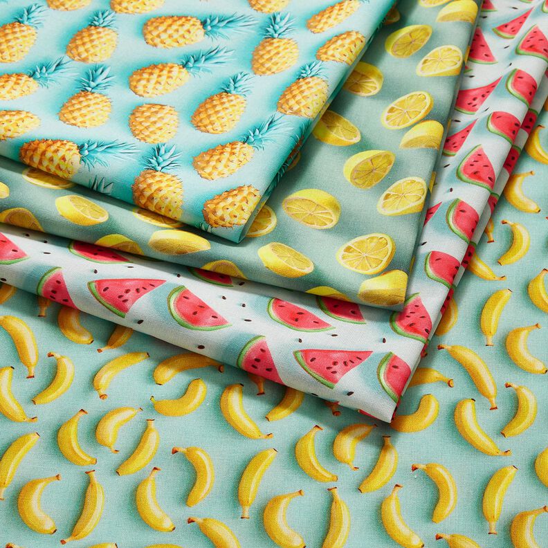 Bomuldsstof Poplin ananas – aquablå/gul,  image number 5