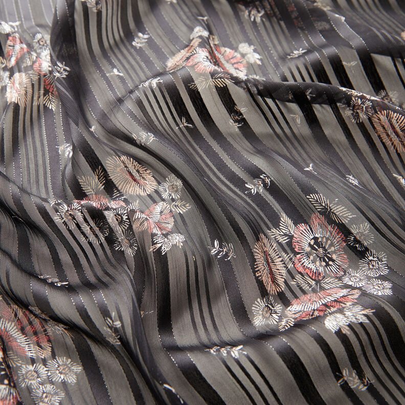 chiffon med satin- og metalliske striber og blomster – sort/hvid,  image number 2