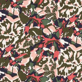 Viskosestof abstrakt blomsterhav – lyse bær/mørk fyr, 