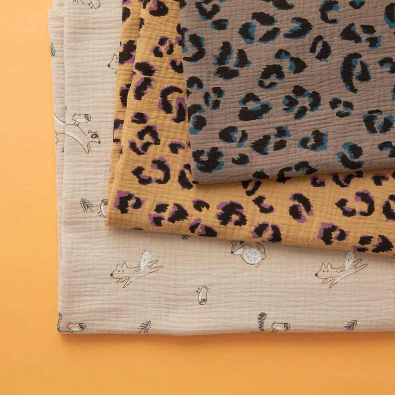 Musselin/Dobbelt-Crincle stof Leo – taupe/petrol,  image number 5