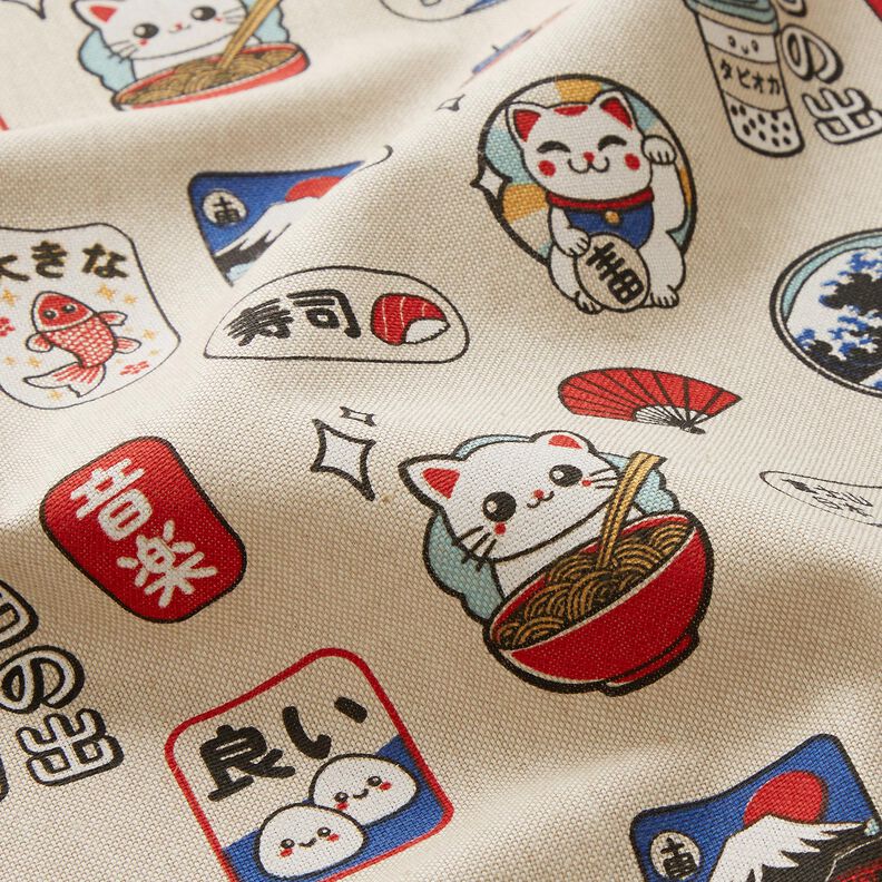 Dekorationsstof Halvpanama asiatiske snacks &ndash; natur/bl&aring;,  image number 2