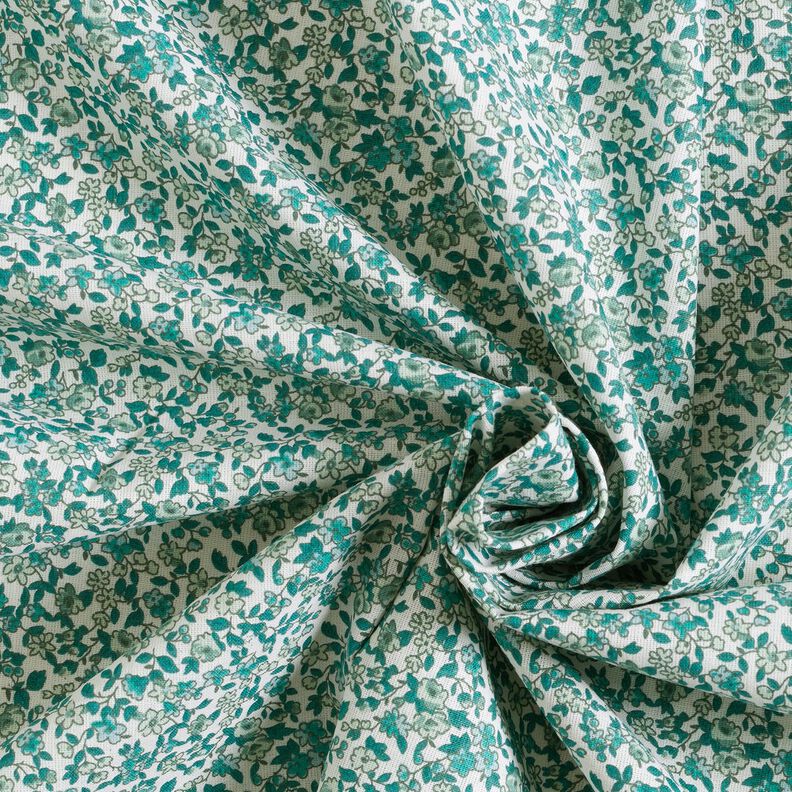 Bomuldsstof Cretonne masser af blomster – petrol/hvid,  image number 3