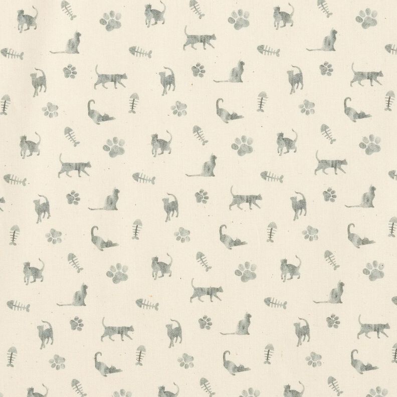 Bio-bomuldspoplin Katte og poteaftryk – uldhvid/grå,  image number 1
