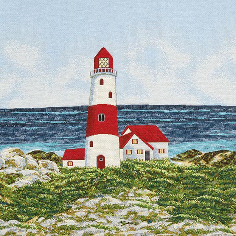 Dekorativt panelstof Gobelin fyrtårn – lyseblå/rød,  image number 1