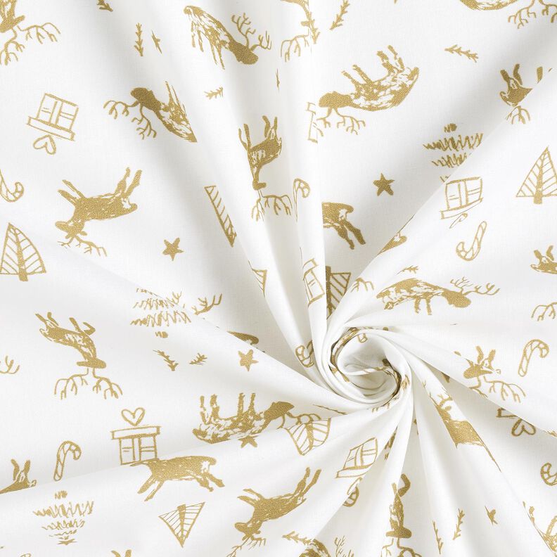 Bomuldsstof Cretonne rensdyr og stjerner – elfenben/guld,  image number 3