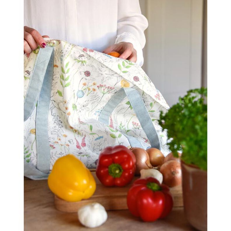 Dekorationsstof Halvpanama tegnede vilde blomster – hvid/rosa,  image number 6